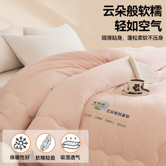 91家纺网 家纺一手货源 找家纺 咏绒家纺工厂店 2024新款工厂直供品质款云朵绒超柔奶盖泡芙冬被春秋被子被芯 豆沙粉