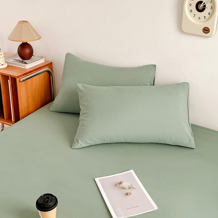 91家纺网 家纺一手货源 找家纺 贝拉梦家纺 2024新款超柔水洗棉纯色简约单品床笠枕套 庭芜绿
