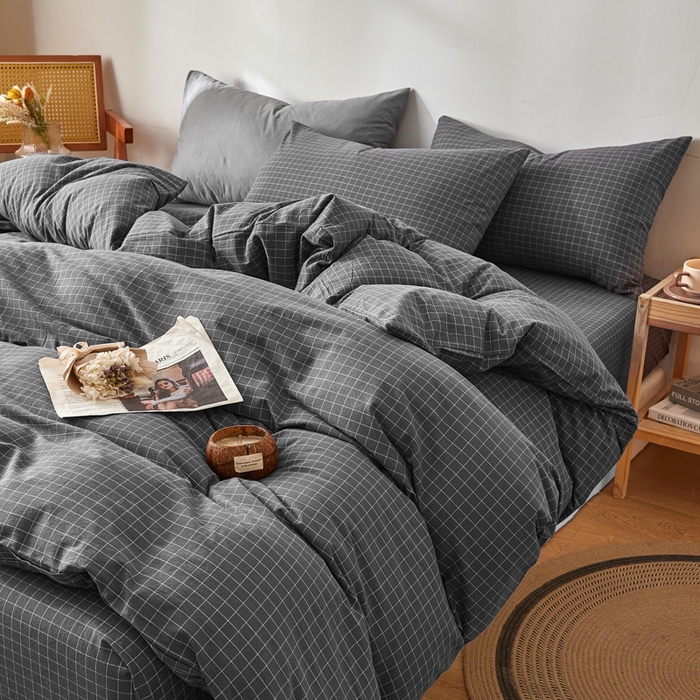 91家纺网 家纺一手货源 找家纺 2025新款全棉色织水洗棉四件套被套三件套系列 灰小方格