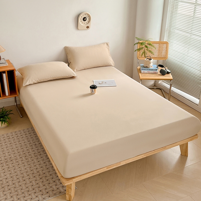 91家纺网 家纺一手货源 找家纺 贝拉梦家纺 2024新款超柔水洗棉纯色简约单品床笠枕套 可可蛋奶