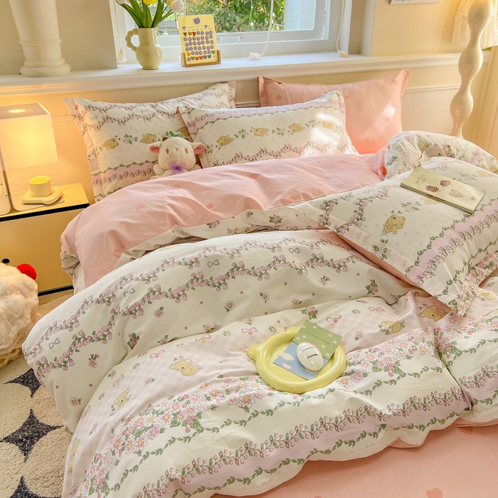 91家纺网 家纺一手货源 找家纺 绵庭家纺 2024新款全棉印花套件系列四件套 考拉粉忆