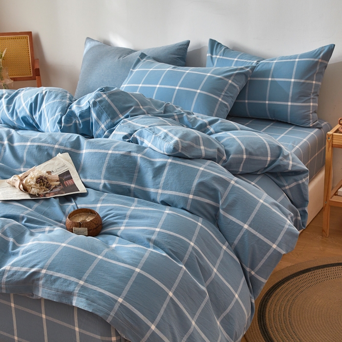 91家纺网 家纺一手货源 找家纺 2025新款全棉色织水洗棉四件套被套三件套系列 蓝灰中格