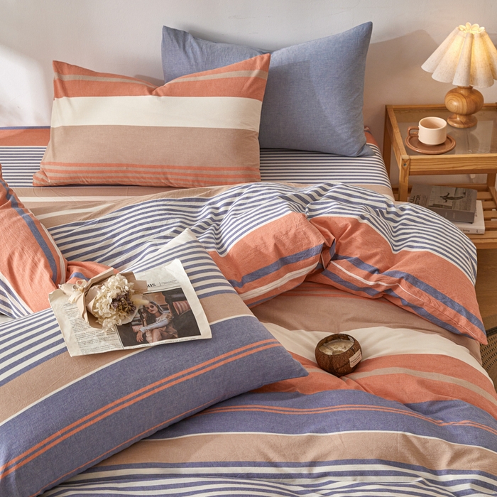 91家纺网 家纺一手货源 找家纺 2025新款全棉色织水洗棉四件套被套三件套系列 橘兰咖条