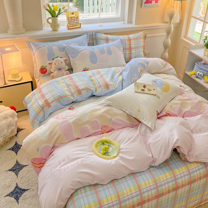 91家纺网 家纺一手货源 找家纺 绵庭家纺 2024新款全棉印花套件系列四件套 甜意奶油