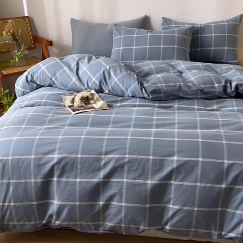 91家纺网 家纺一手货源 找家纺 2025新款全棉色织水洗棉四件套被套三件套系列 蓝灰中格