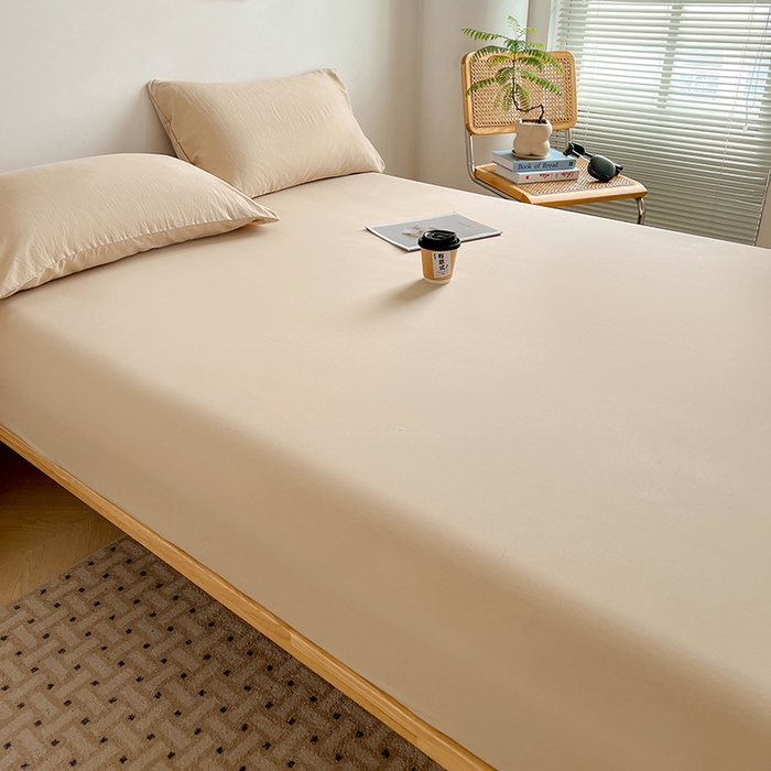 91家纺网 家纺一手货源 找家纺 贝拉梦家纺 2024新款超柔水洗棉纯色简约单品床笠枕套 可可蛋奶