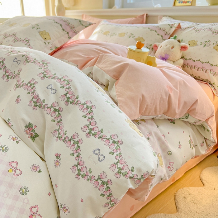 91家纺网 家纺一手货源 找家纺 绵庭家纺 2024新款全棉印花套件系列四件套 考拉粉忆