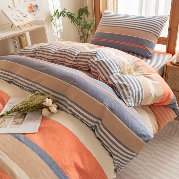91家纺网 家纺一手货源 找家纺 2025新款全棉水洗棉被套纯棉单双人宿舍学生-可配3件套 橘兰咖条