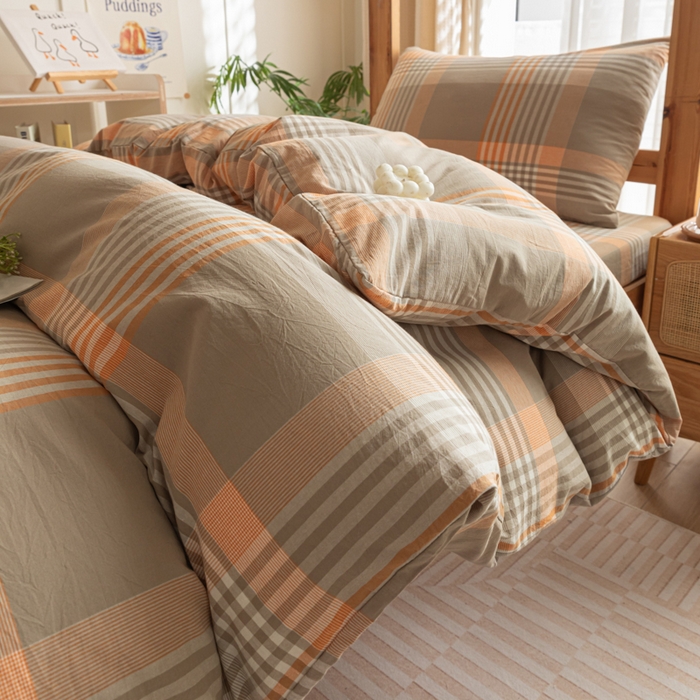 91家纺网 家纺一手货源 找家纺 2025新款全棉水洗棉被套纯棉单双人宿舍学生-可配3件套 错格咖