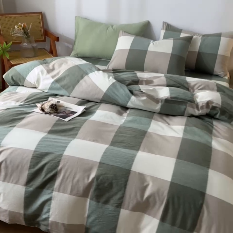 91家纺网 家纺一手货源 找家纺 2025新款全棉色织水洗棉四件套被套三件套系列 绿大格