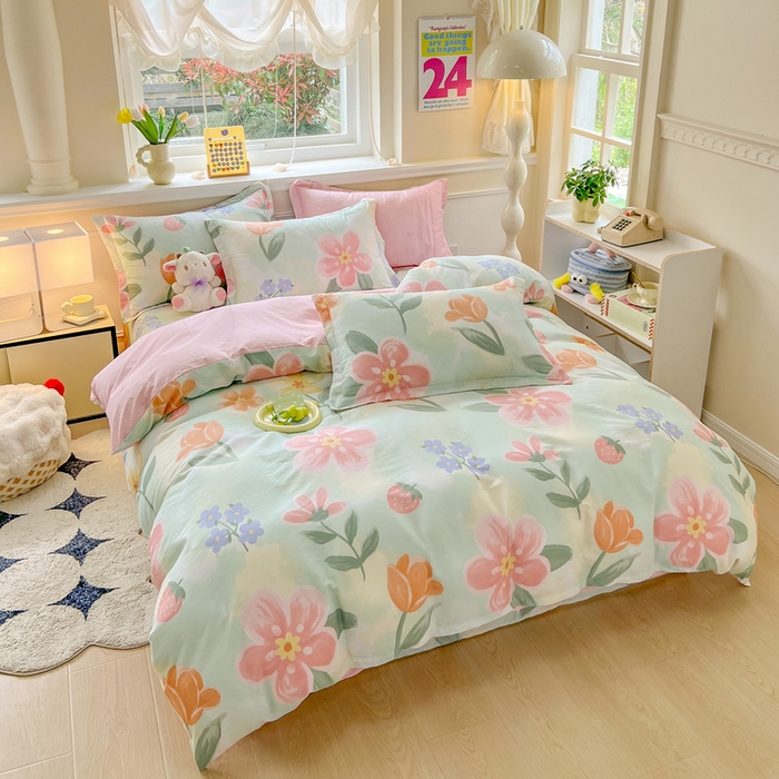 91家纺网 家纺一手货源 找家纺 绵庭家纺 2024新款全棉印花套件系列四件套 翩翩花语