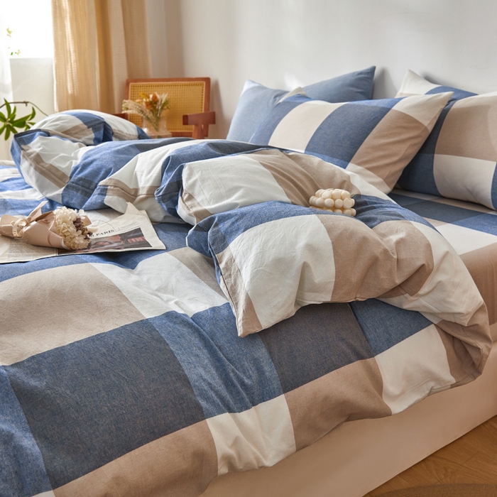 91家纺网 家纺一手货源 找家纺 2025新款全棉色织水洗棉四件套被套三件套系列 蓝大格