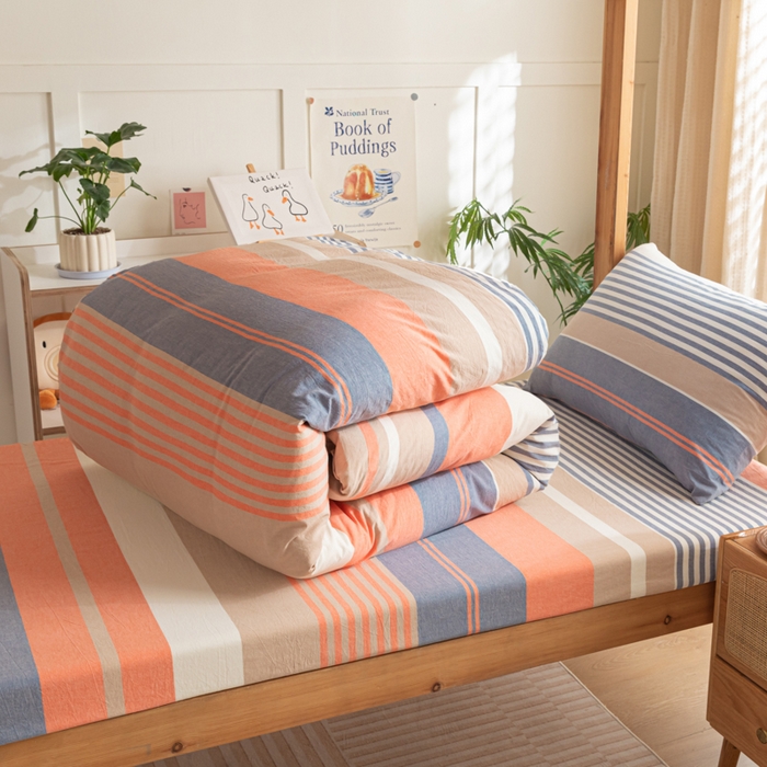 91家纺网 家纺一手货源 找家纺 2025新款全棉水洗棉被套纯棉单双人宿舍学生-可配3件套 橘兰咖条