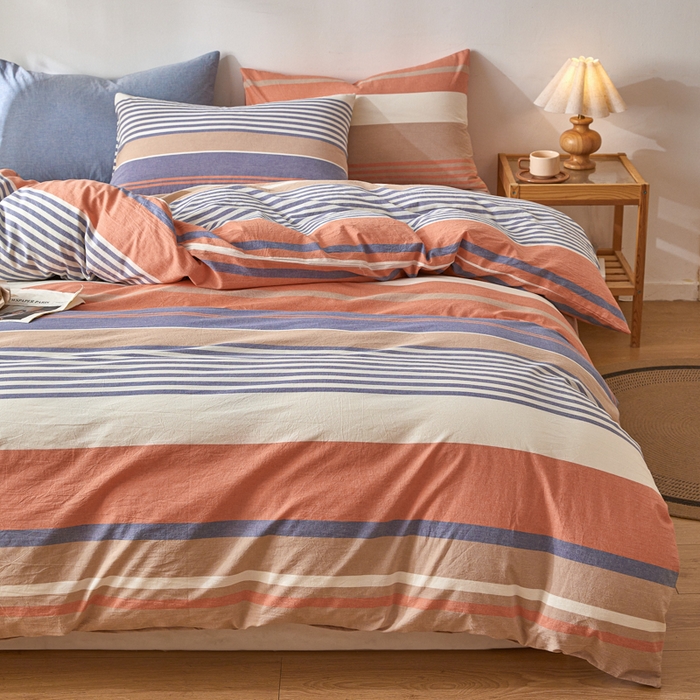 91家纺网 家纺一手货源 找家纺 2025新款全棉色织水洗棉四件套被套三件套系列 橘兰咖条