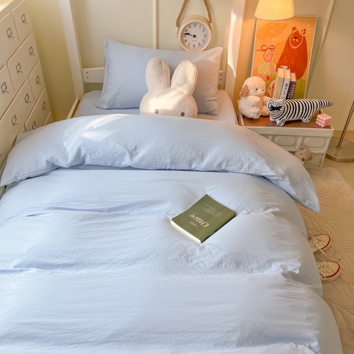 91家纺网 家纺一手货源 找家纺 韩巢家纺 2024新款学生宿舍员工寝室上下铺超柔水洗棉床单被套三件套-纯色系列拼（提供卖家秀） 水洗棉浅蓝