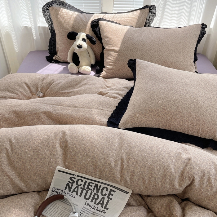 91家纺网 家纺一手货源 找家纺 2025新款全棉黑边双层纱花边款四件套 花边款-花卉