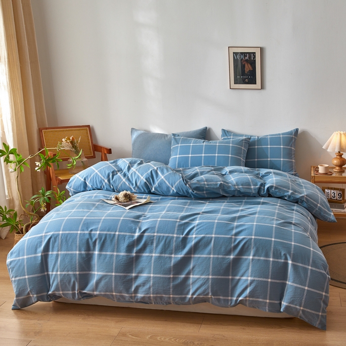 91家纺网 家纺一手货源 找家纺 2025新款全棉色织水洗棉四件套被套三件套系列 蓝灰中格