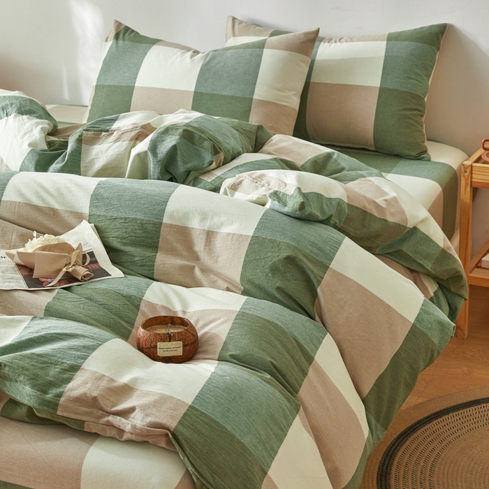 91家纺网 家纺一手货源 找家纺 2025新款全棉色织水洗棉四件套被套三件套系列 绿大格