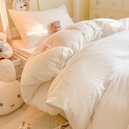91家纺网 家纺一手货源 找家纺 韩巢家纺 2024新款学生宿舍员工寝室上下铺超柔水洗棉床单被套三件套-纯色系列拼（提供卖家秀） 水洗棉奶白