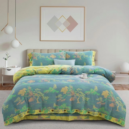 91家纺网 家纺一手货源 找家纺 双层纱家居 2024新款大版花型四件套-水木清华 水木清华绿