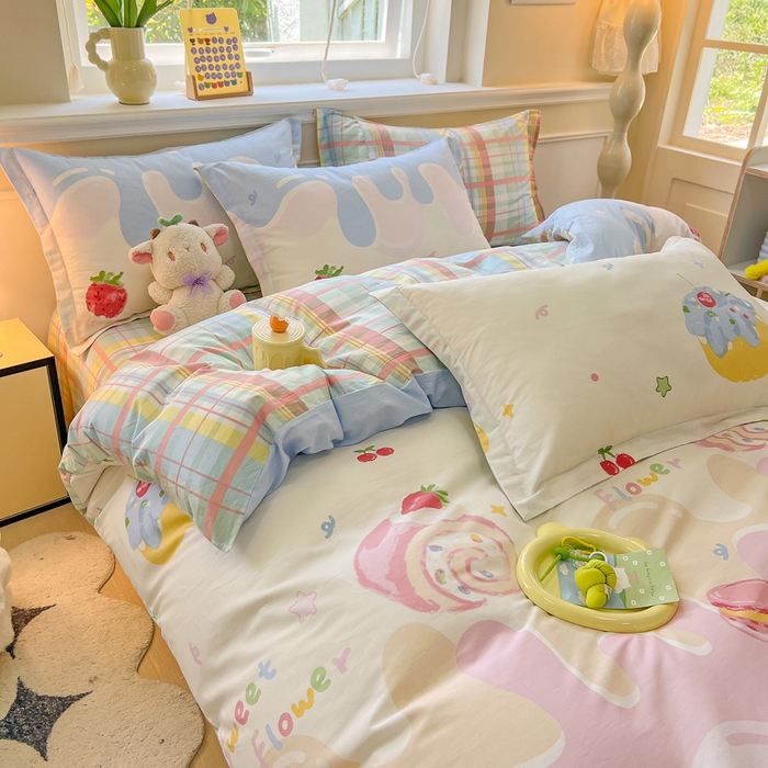 91家纺网 家纺一手货源 找家纺 绵庭家纺 2024新款全棉印花套件系列四件套 甜意奶油