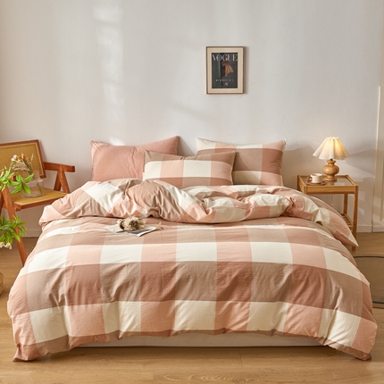 2025新款全棉色织水洗棉四件套被套三件套系列 粉大格