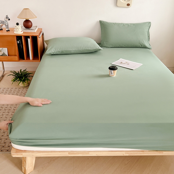 91家纺网 家纺一手货源 找家纺 贝拉梦家纺 2024新款超柔水洗棉纯色简约单品床笠枕套 庭芜绿