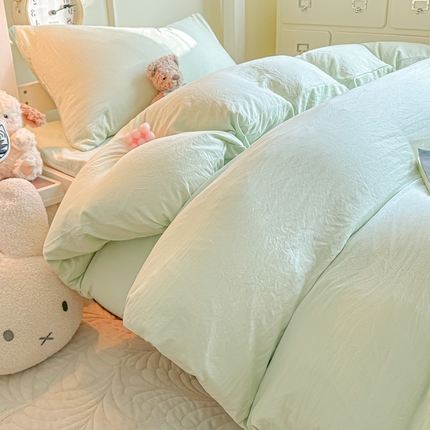 91家纺网 家纺一手货源 找家纺 韩巢家纺 2024新款学生宿舍员工寝室上下铺超柔水洗棉床单被套三件套-纯色系列拼（提供卖家秀） 水洗棉浅绿