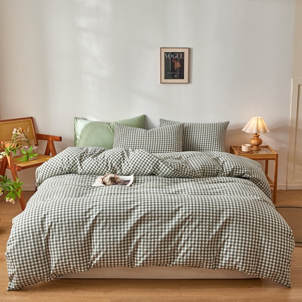 2025新款全棉色织水洗棉四件套被套三件套系列 绿小格