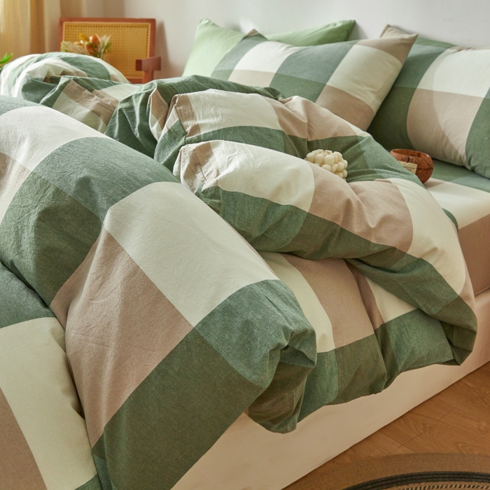 91家纺网 家纺一手货源 找家纺 2025新款全棉色织水洗棉四件套被套三件套系列 绿大格