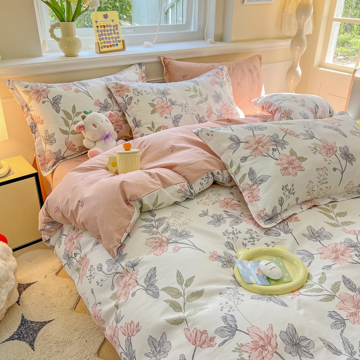 91家纺网 家纺一手货源 找家纺 绵庭家纺 2024新款全棉印花套件系列四件套 落川花海