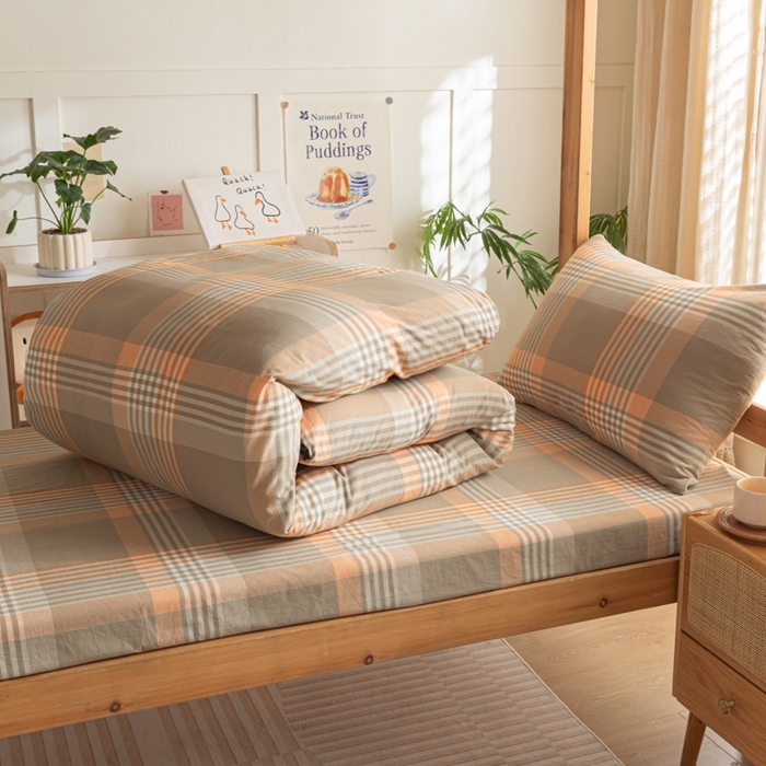 91家纺网 家纺一手货源 找家纺 2025新款全棉水洗棉被套纯棉单双人宿舍学生-可配3件套 错格咖