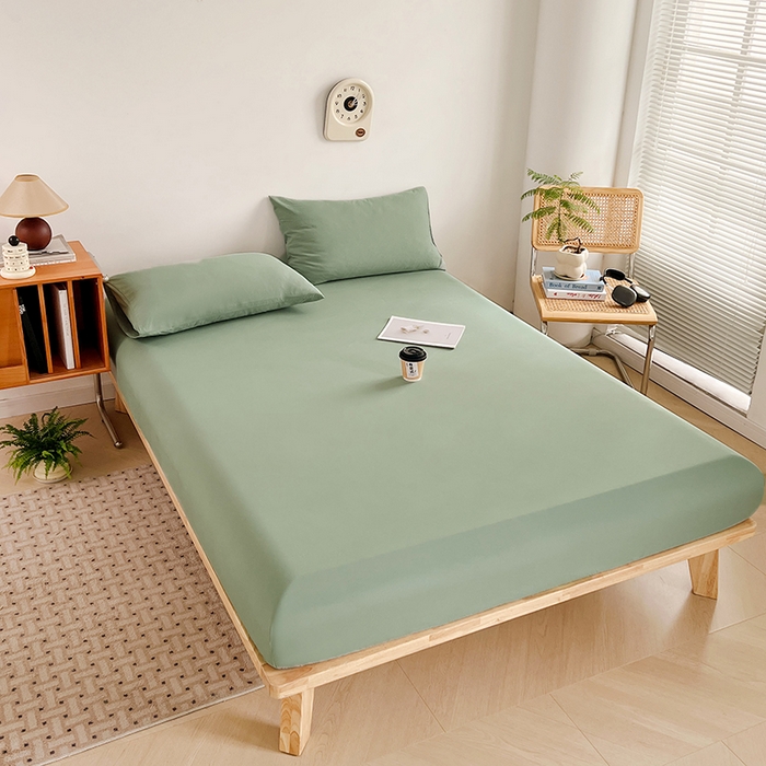 91家纺网 家纺一手货源 找家纺 贝拉梦家纺 2024新款超柔水洗棉纯色简约单品床笠枕套 庭芜绿