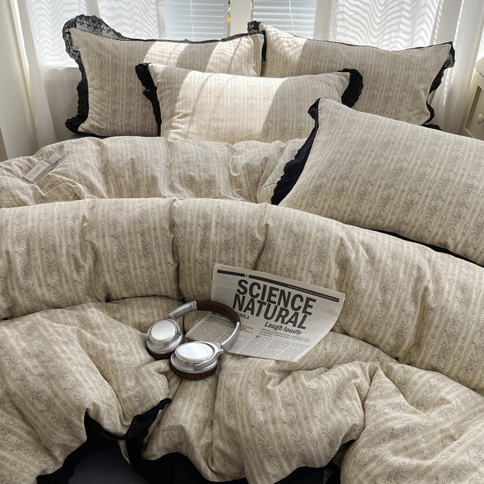 91家纺网 家纺一手货源 找家纺 2025新款全棉黑边双层纱花边款四件套 花边款-庄园