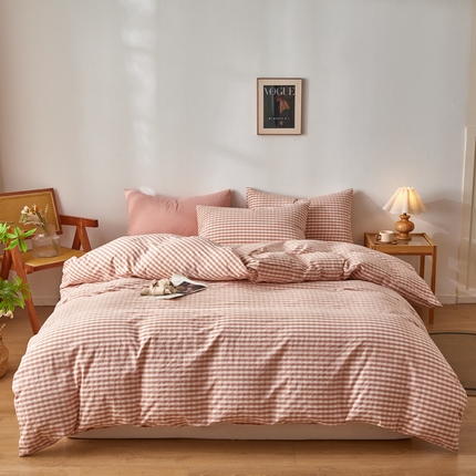 2025新款全棉色织水洗棉四件套被套三件套系列 粉小格