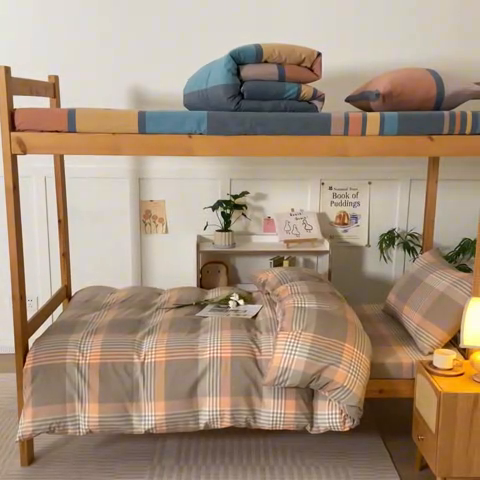 91家纺网 家纺一手货源 找家纺 2025新款全棉水洗棉被套纯棉单双人宿舍学生-可配3件套 错格咖