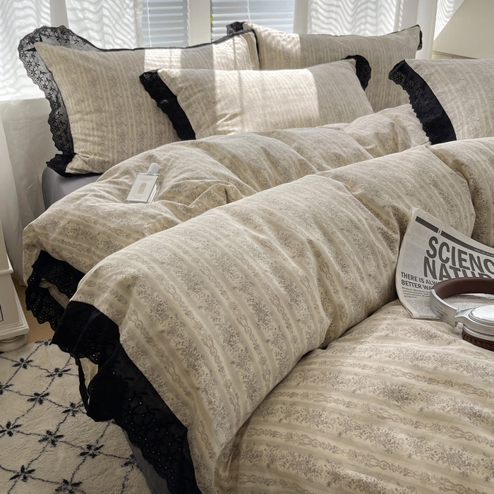 91家纺网 家纺一手货源 找家纺 2025新款全棉黑边双层纱花边款四件套 花边款-庄园