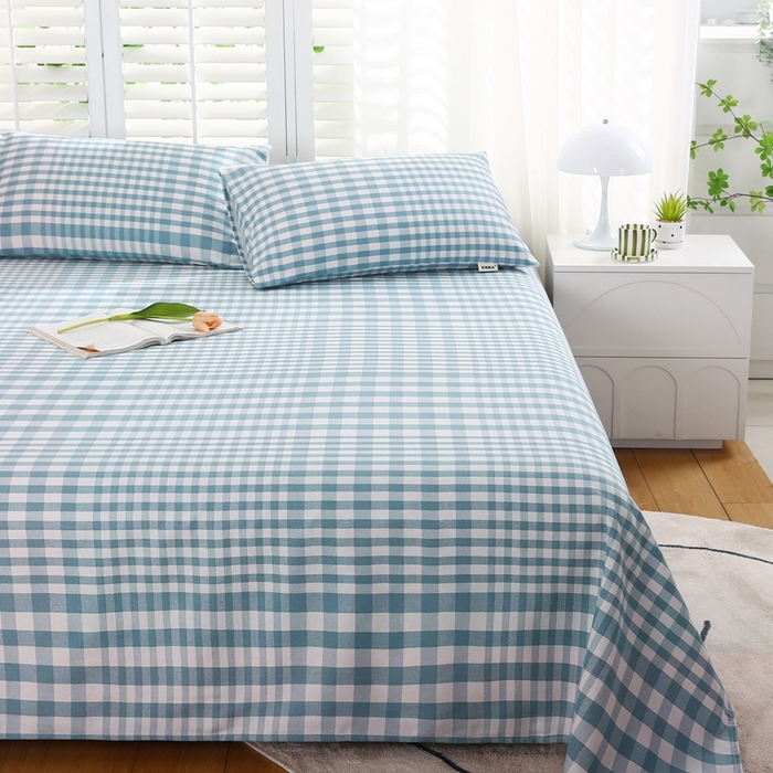 91家纺网 家纺一手货源 找家纺 伊而梦蚊帐 2025新款原棉老粗布床单系列 格梦-蓝