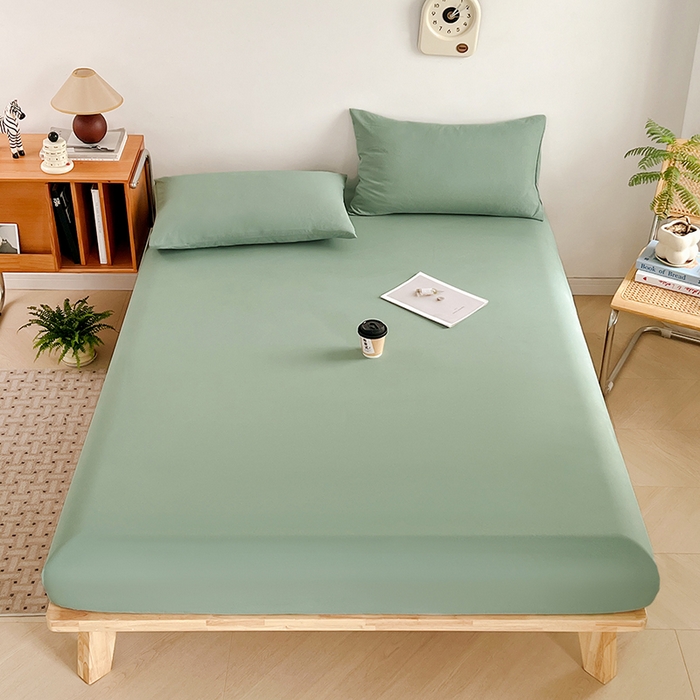 91家纺网 家纺一手货源 找家纺 贝拉梦家纺 2024新款超柔水洗棉纯色简约单品床笠枕套 庭芜绿