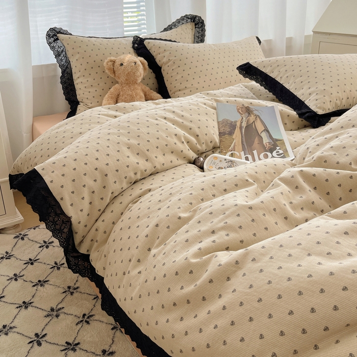 91家纺网 家纺一手货源 找家纺 （总）2025新款全棉黑边双层纱花边款四件套