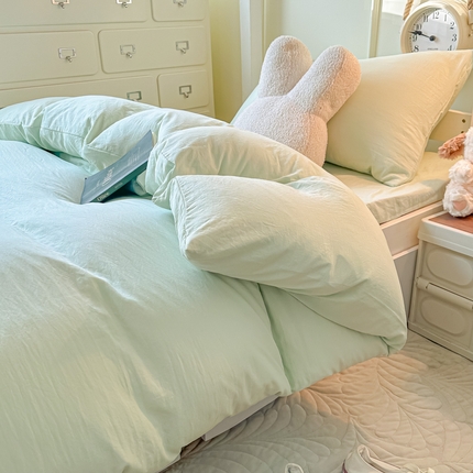 91家纺网 家纺一手货源 找家纺 韩巢家纺 2024新款学生宿舍员工寝室上下铺超柔水洗棉单件被套-纯色系列（提供卖家秀） 水洗棉浅绿
