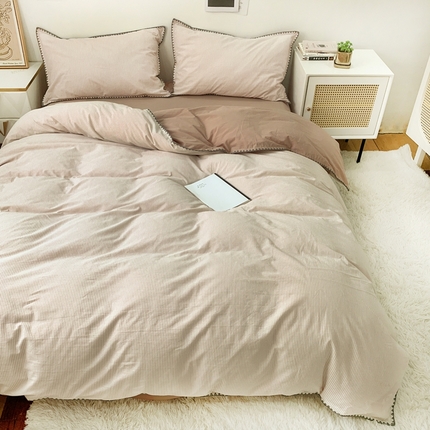 91家纺网 家纺一手货源 找家纺 （总）莱茵2024新款A类全棉纯棉40s色织水洗棉条纹贝壳边日系四件套