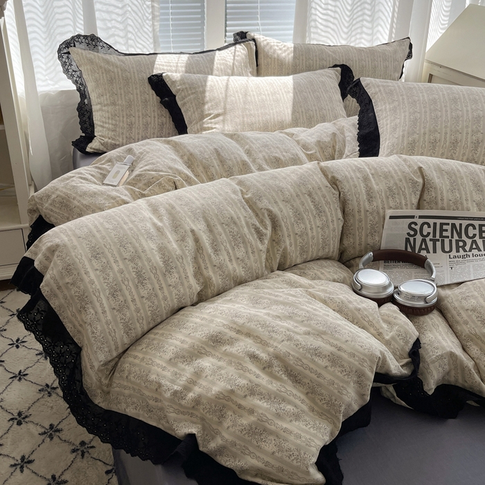 91家纺网 家纺一手货源 找家纺 2025新款全棉黑边双层纱花边款四件套 花边款-庄园