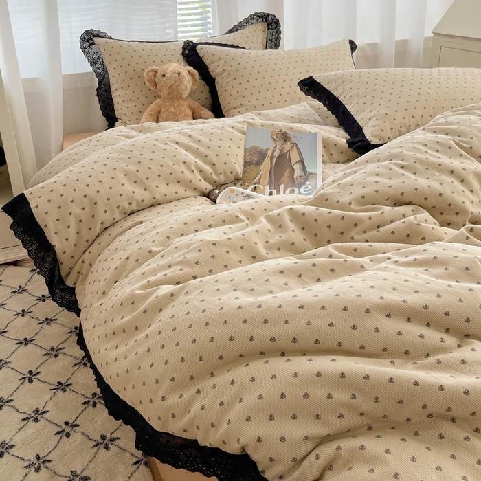 91家纺网 家纺一手货源 找家纺 （总）2025新款全棉黑边双层纱花边款四件套