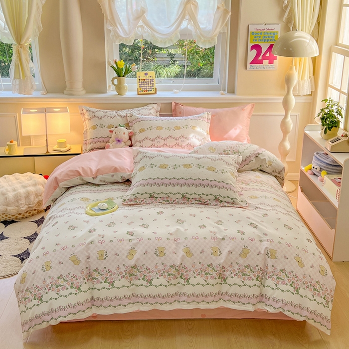 91家纺网 家纺一手货源 找家纺 绵庭家纺 2024新款全棉印花套件系列四件套 考拉粉忆