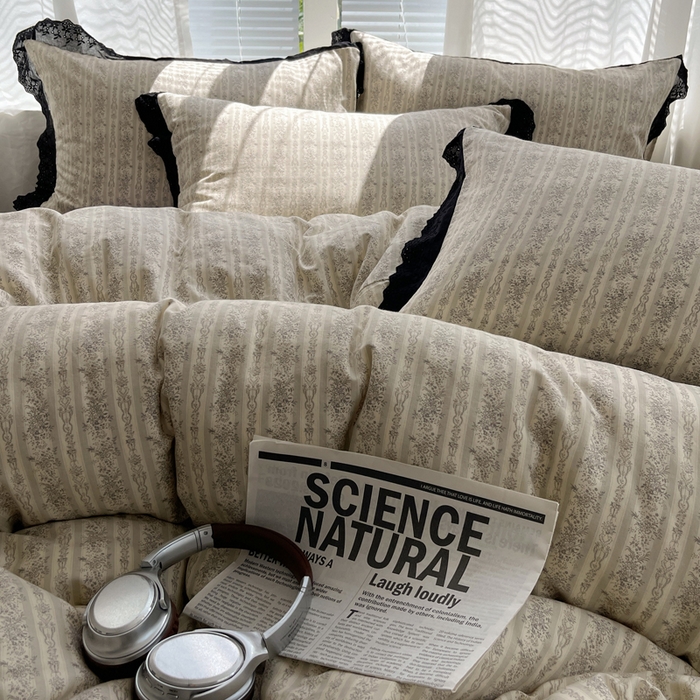 91家纺网 家纺一手货源 找家纺 2025新款全棉黑边双层纱花边款四件套 花边款-庄园