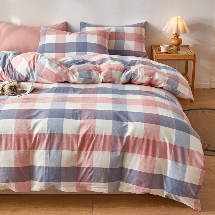 91家纺网 家纺一手货源 找家纺 2025新款全棉色织水洗棉四件套被套三件套系列 英伦粉