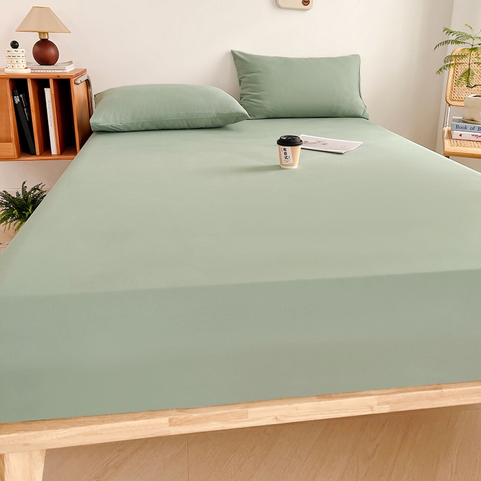 91家纺网 家纺一手货源 找家纺 贝拉梦家纺 2024新款超柔水洗棉纯色简约单品床笠枕套 庭芜绿