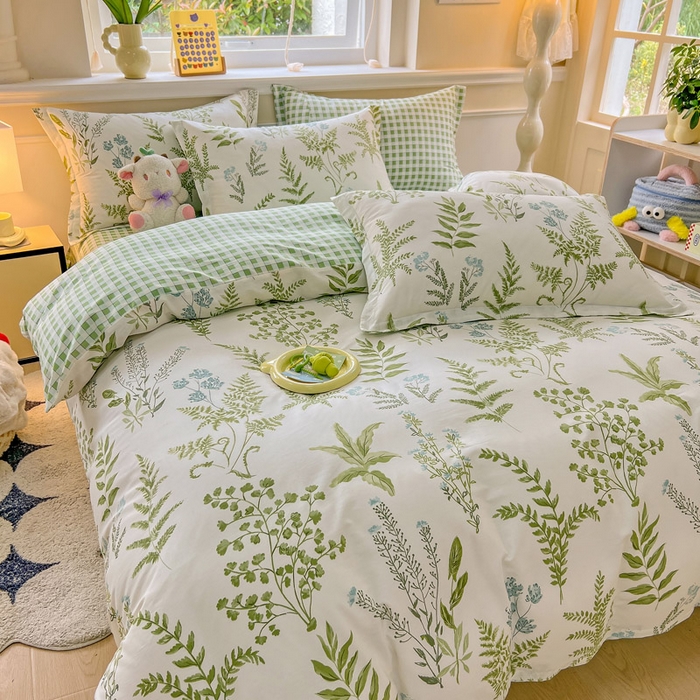 91家纺网 家纺一手货源 找家纺 绵庭家纺 2024新款全棉印花套件系列四件套 半夏之叶