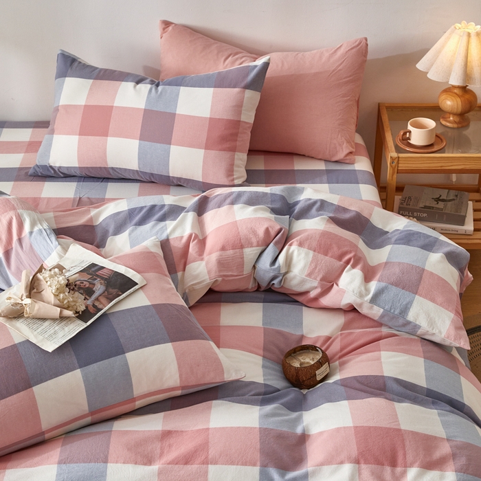 91家纺网 家纺一手货源 找家纺 2025新款全棉色织水洗棉四件套被套三件套系列 英伦粉